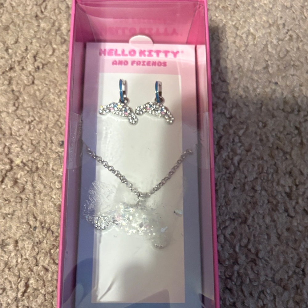 Hello Kitty Sparkling Silver Earrings and Necklace